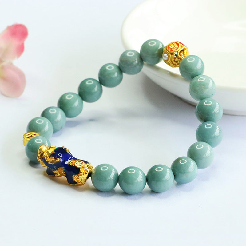 Blue Water Jadeite Pixiu 9 mm Beaded Bracelet
