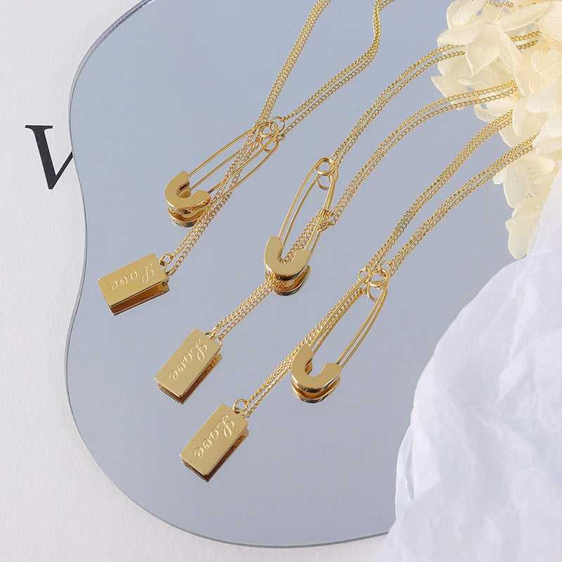 Luxurious Korean-inspired 18k Gold Plated Square Necklace with Pin Detail