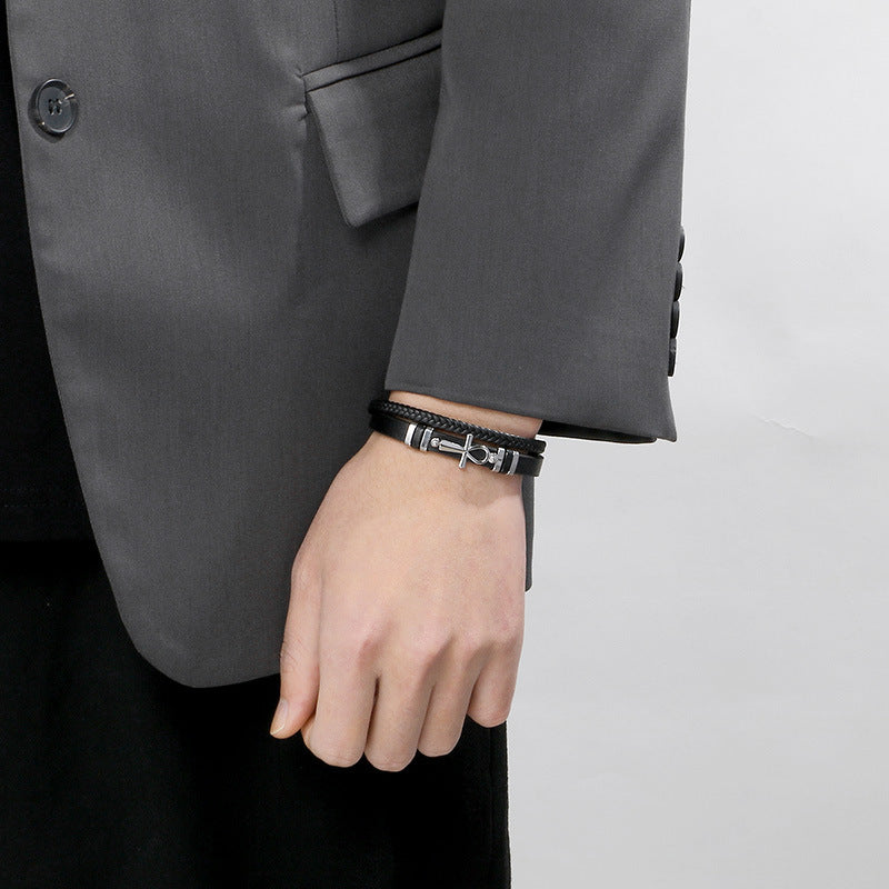 Multi-Layer Woven Leather Magnetic Buckle Stainless Steel Anka Symbol Cross Men's Bracelet