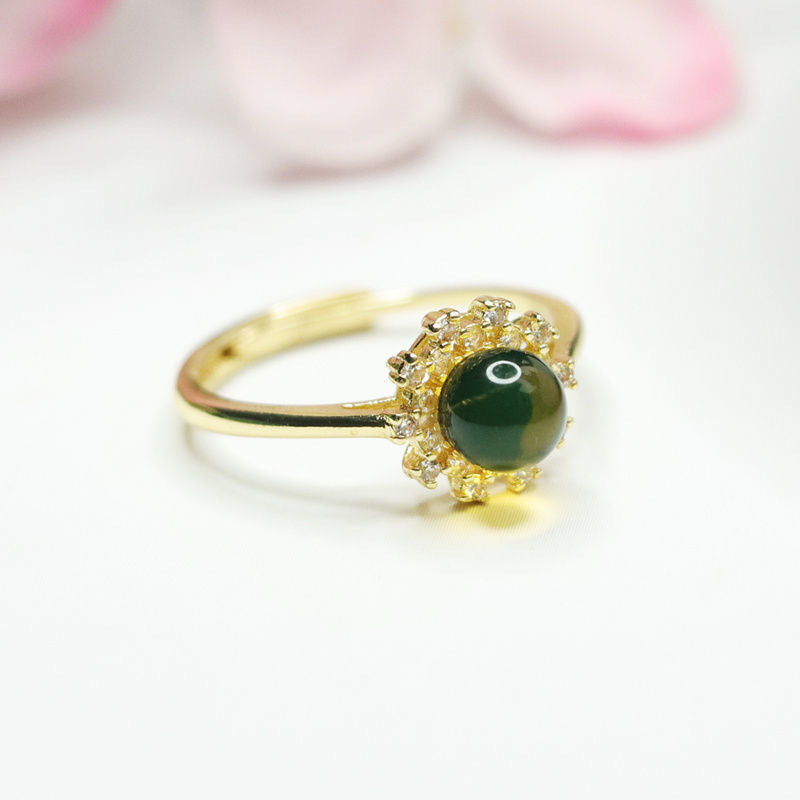 Blue Amber Flower Ring with Zircon Beads for Women's Jewelry