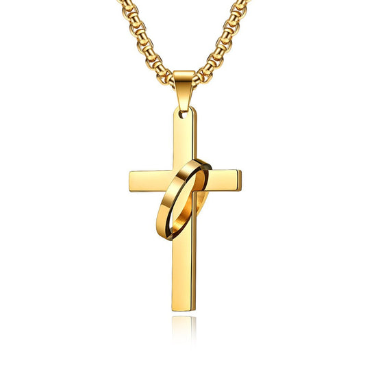 Planderful Titanium Steel Cross Necklace For Men Trendy Hip Hop Pendant With Glossy Ring Personalized Jewelry