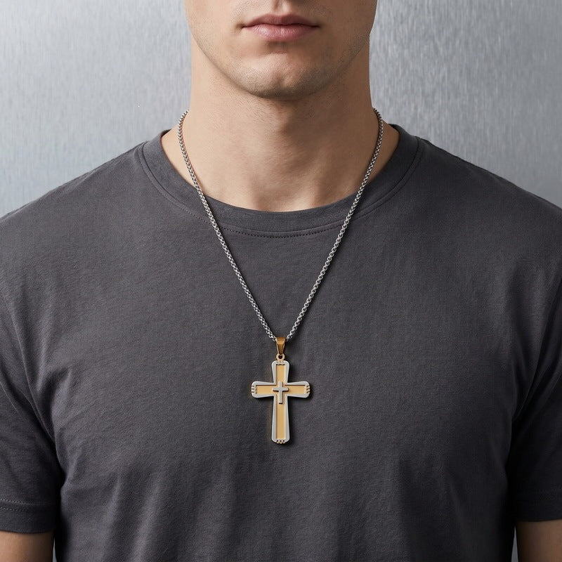Functional Vacuum Electroplating Mixed Color Double Layer Embedded Small Cross Toothed Stainless Necklace