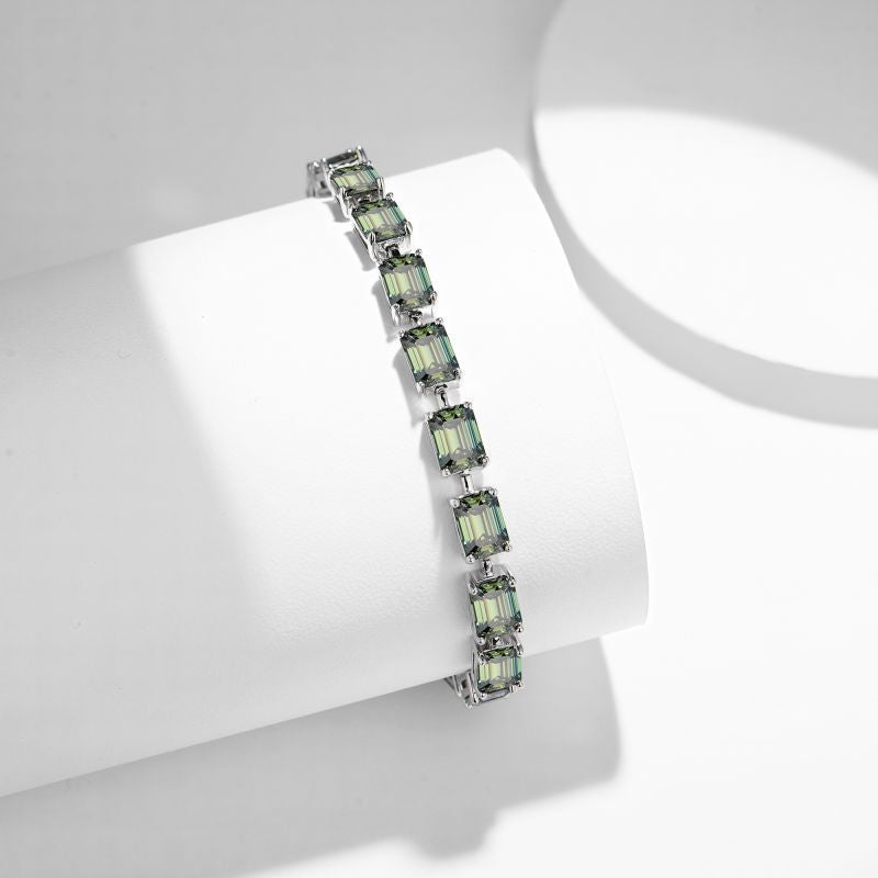 Planderful Moissanite Tennis Bracelet Emerald Cut 5x7mm Gleaming Green S925 Sterling Silver for Hip Hop Fans