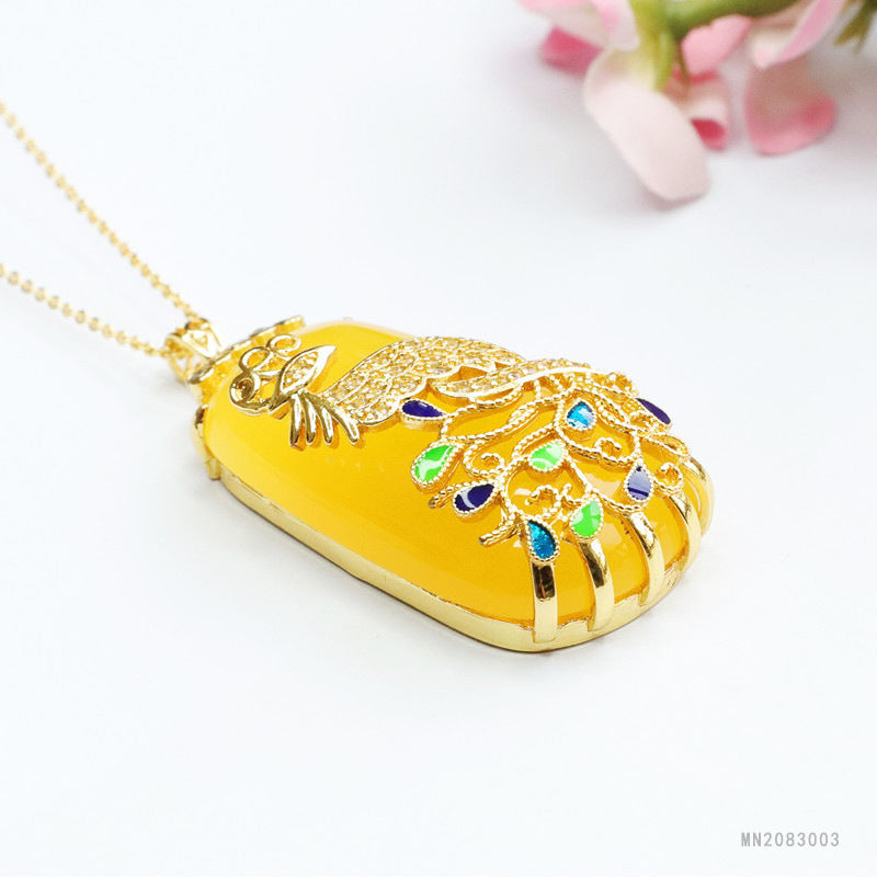 Yellow Chalcedony Cloisonné Phoenix Plaque Pendant — No Chain