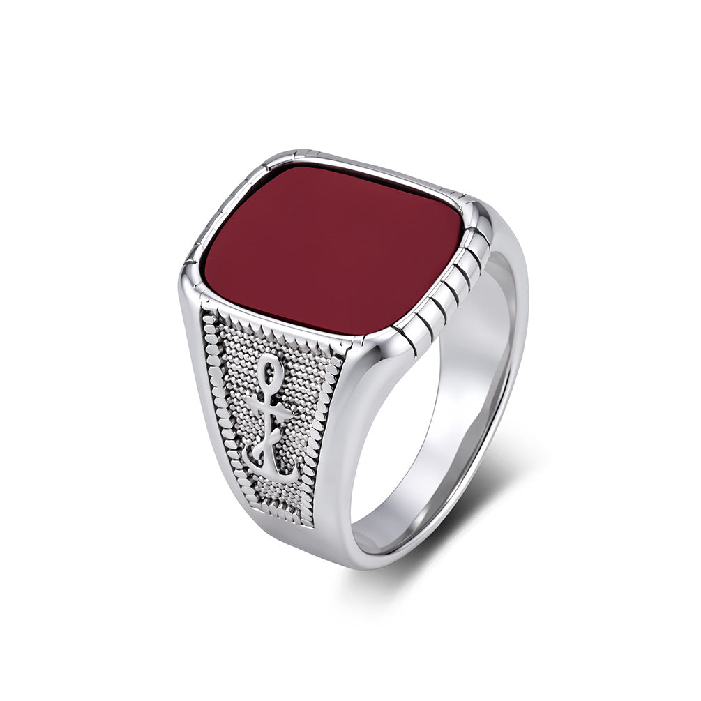 Boat Anchor Men's Stainless Steel Ring Square Glass Gemstone Stainless Steel Men's
