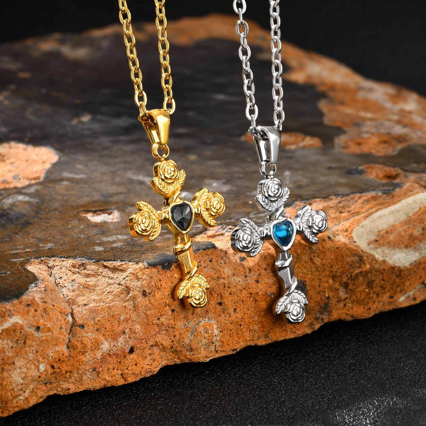 Planderful Medieval Rose Cross Zircon Pendant Necklace Men