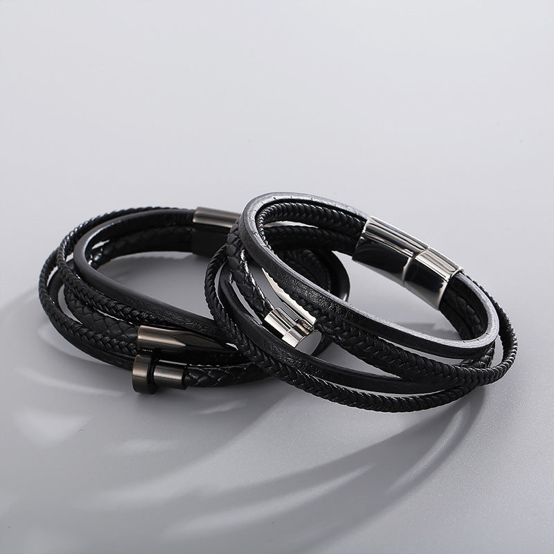 Planderful Leather Rope Bracelet For Men Stainless Steel