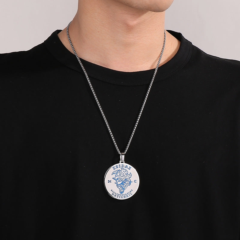 Punk-Inspired Engraved Reflective Blue Titanium Steel Necklace for Men by Planderful