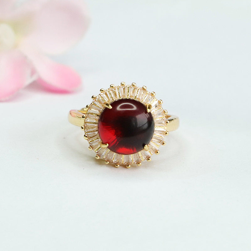 China-Chic Fortune's Favor Sterling Silver Natural Round Amber Ring with Full Zircon Halo