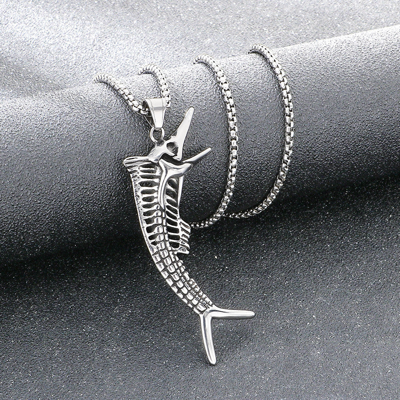 Popular Marine Life Octopus Pendant, Punk Style Old Smear Hollow Fish Bone Titanium Necklace