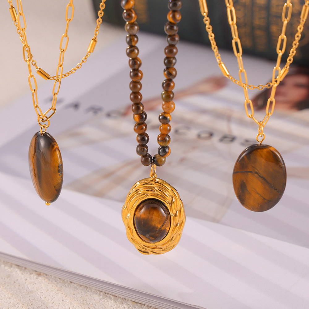 Tiger Eye Stone Geometric Bead Necklace in Gold-Plated Titanium Steel