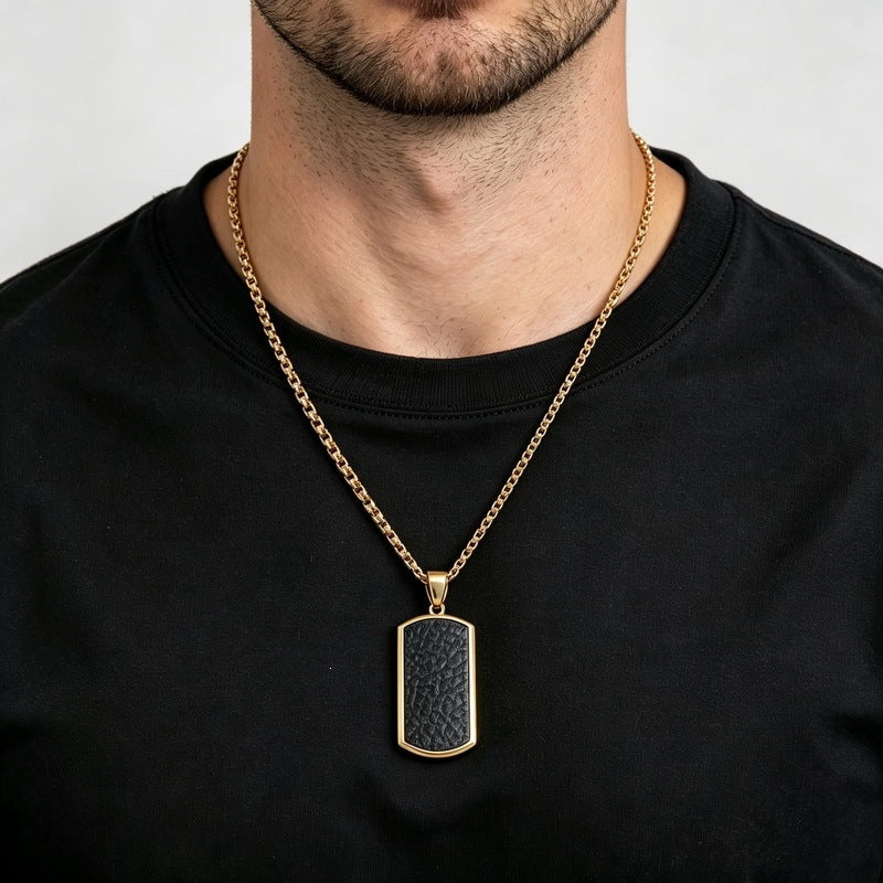 Leather Military Brand Pendant Retro Tag Back Stainless Steel Men's Pendant Necklace