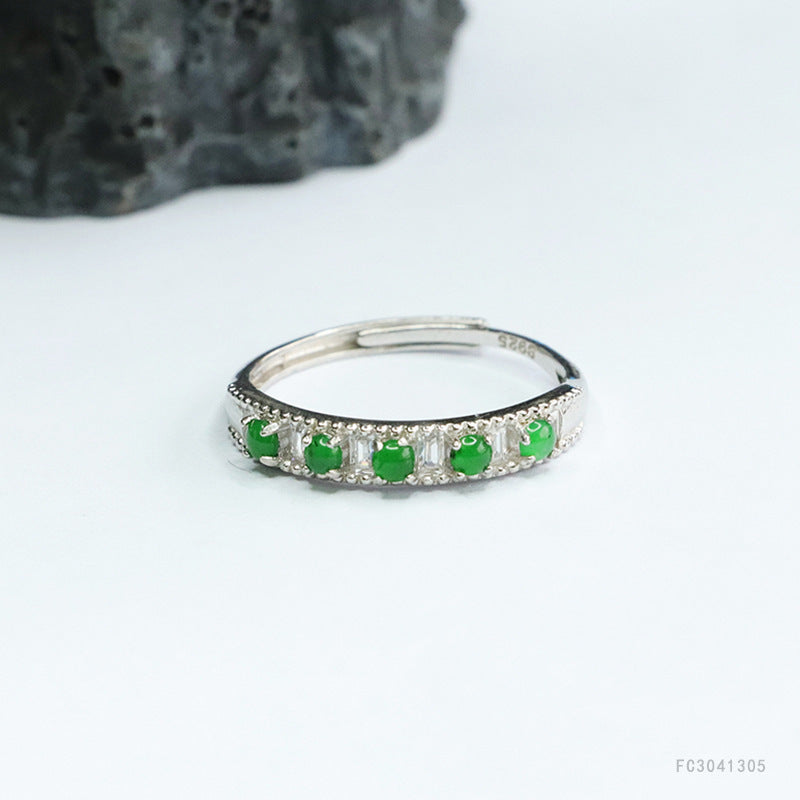 Icy Green Jadeite Row-Set 925 Silver Ring