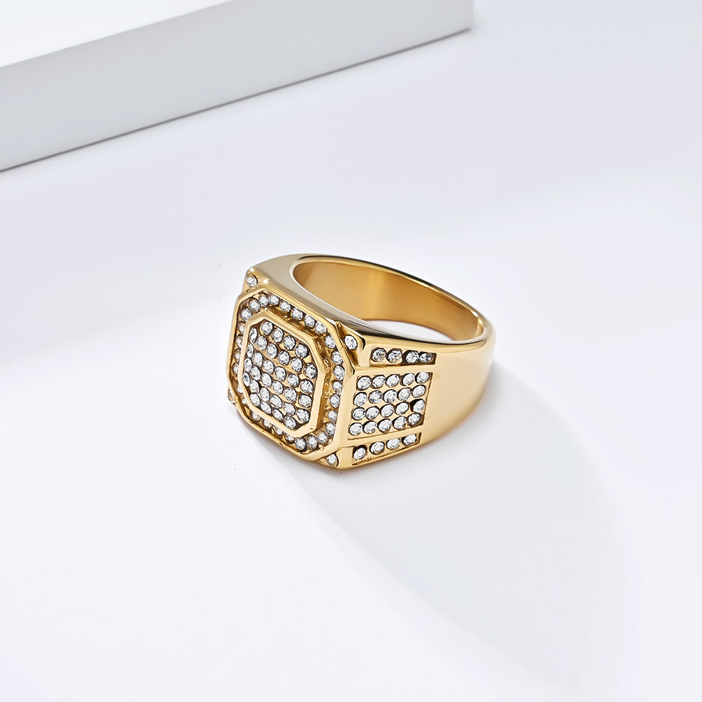 Planderful Hip Hop Ring For Men Titanium Steel Gold Plated Zircon Inlay Jewelry Premium