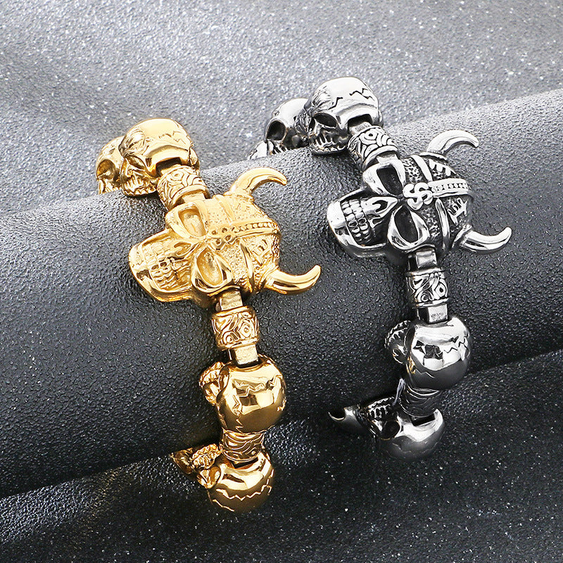 Layered Ghost Head – Punk Style Viking Horn Skull Men's Stainless Steel Bracelet