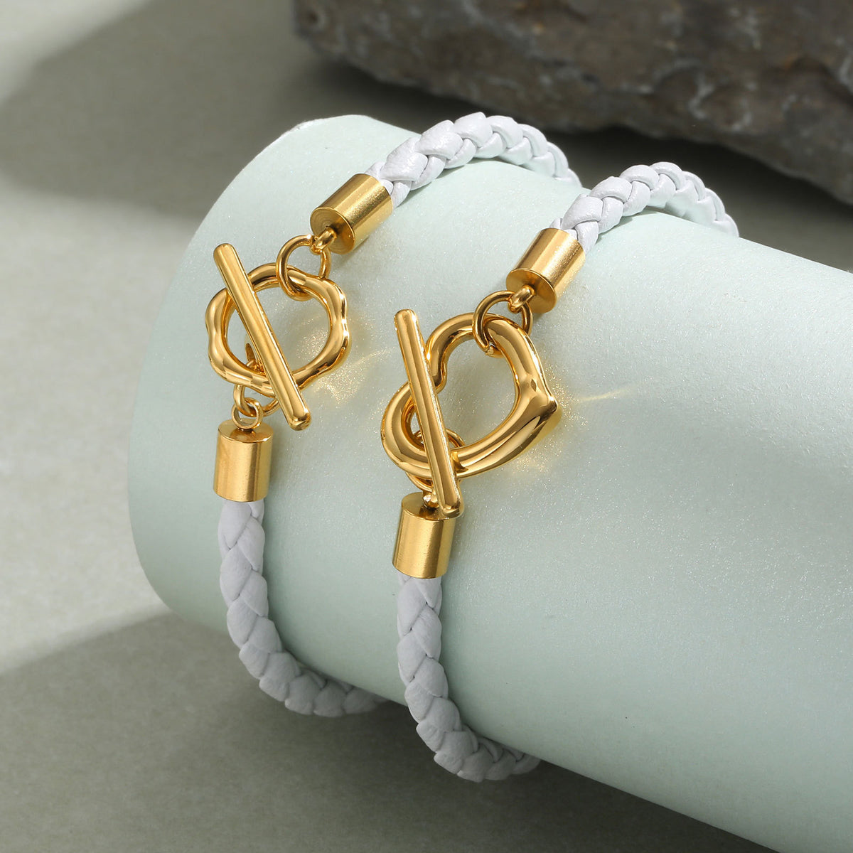 Ladies Stainless Steel Flower Ot Buckle White Microfiber Leather Bracelet Gold