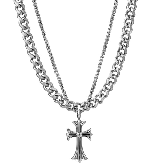 Planderful Jewelry Double Layer Cuban Necklace in Titanium Steel with Zircon Cross Pendant