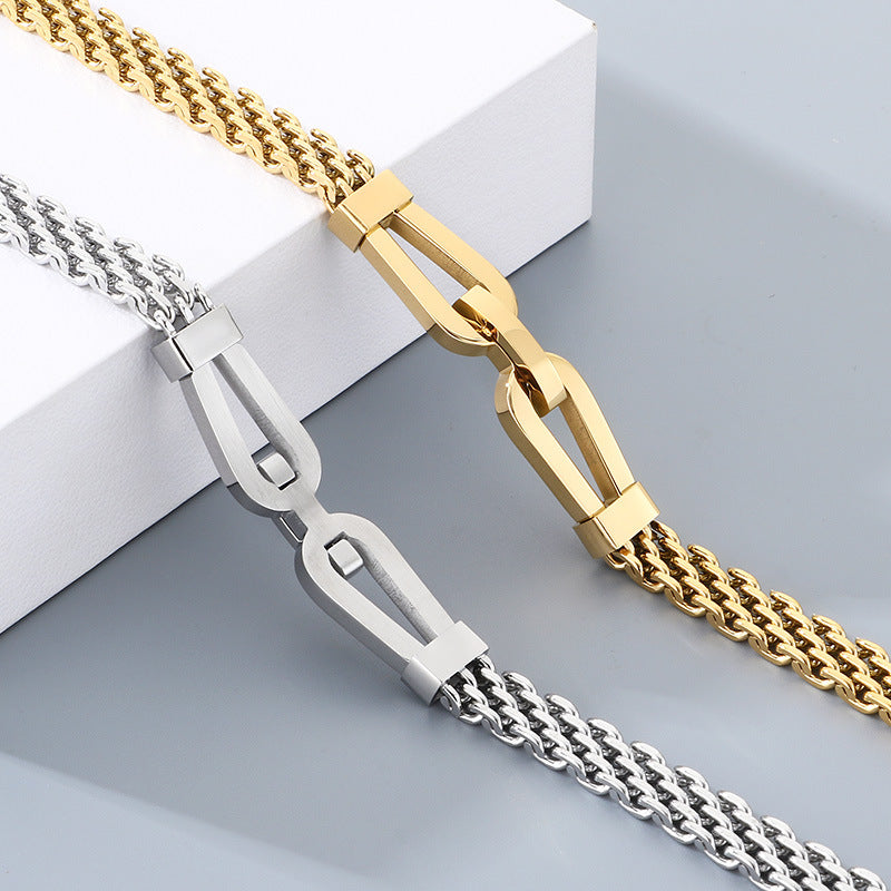 Style Hollow Woven Chain Design Horseshoe Buckle Titanium Steel Men's Bracelet