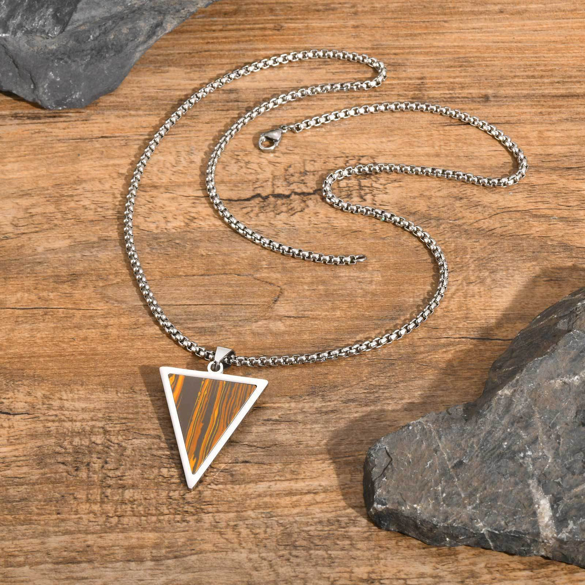 Stainless Steel Triangle Natural Tiger's Eye Stone Black Agate Pendant Necklace Men's