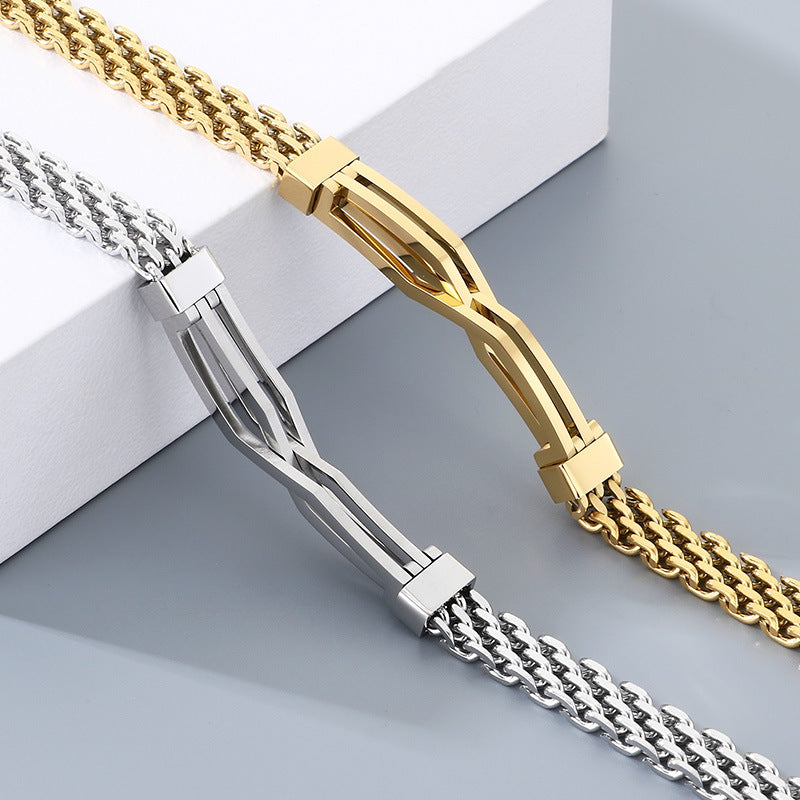 Men's Daily Wear Wind Niche Mesh Chain Titanium Steel Hollow Irregular Curved Bar Men's Bracelet