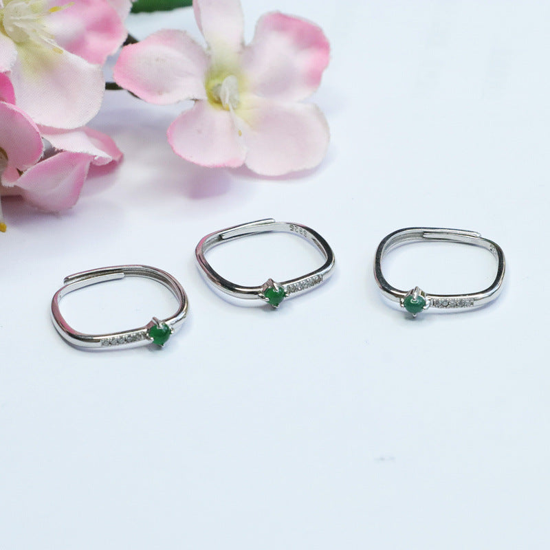 Green Jadeite Geometric 925 Silver Ring