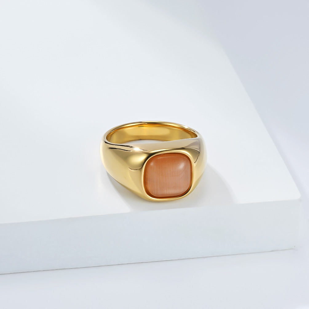 Planderful Opal Inlaid Titanium Steel Ring Elegant Gold Plated Unisex Jewelry For Fashion Lovers