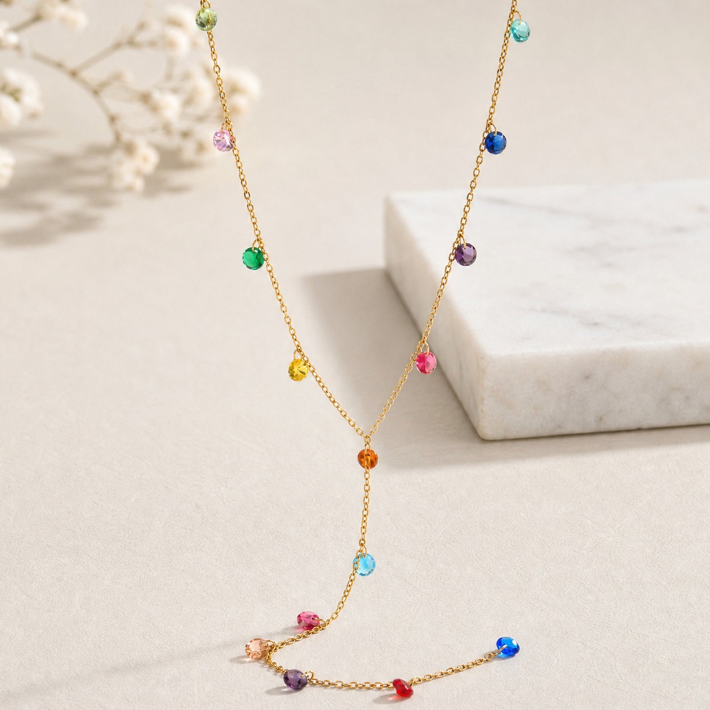 French High-Grade Color Dopamine Zircon Y-Shaped Necklace – Stainless Steel Elegant