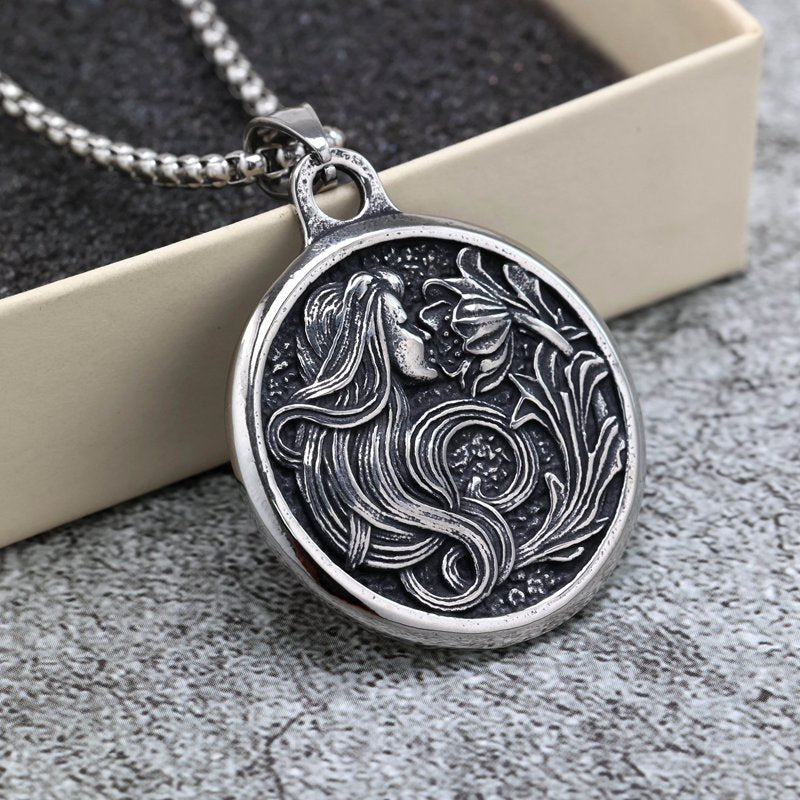 Stainless Steel Pendant Necklace For Men And Women Vintage Double Sided Medal With Flower Design Planderful