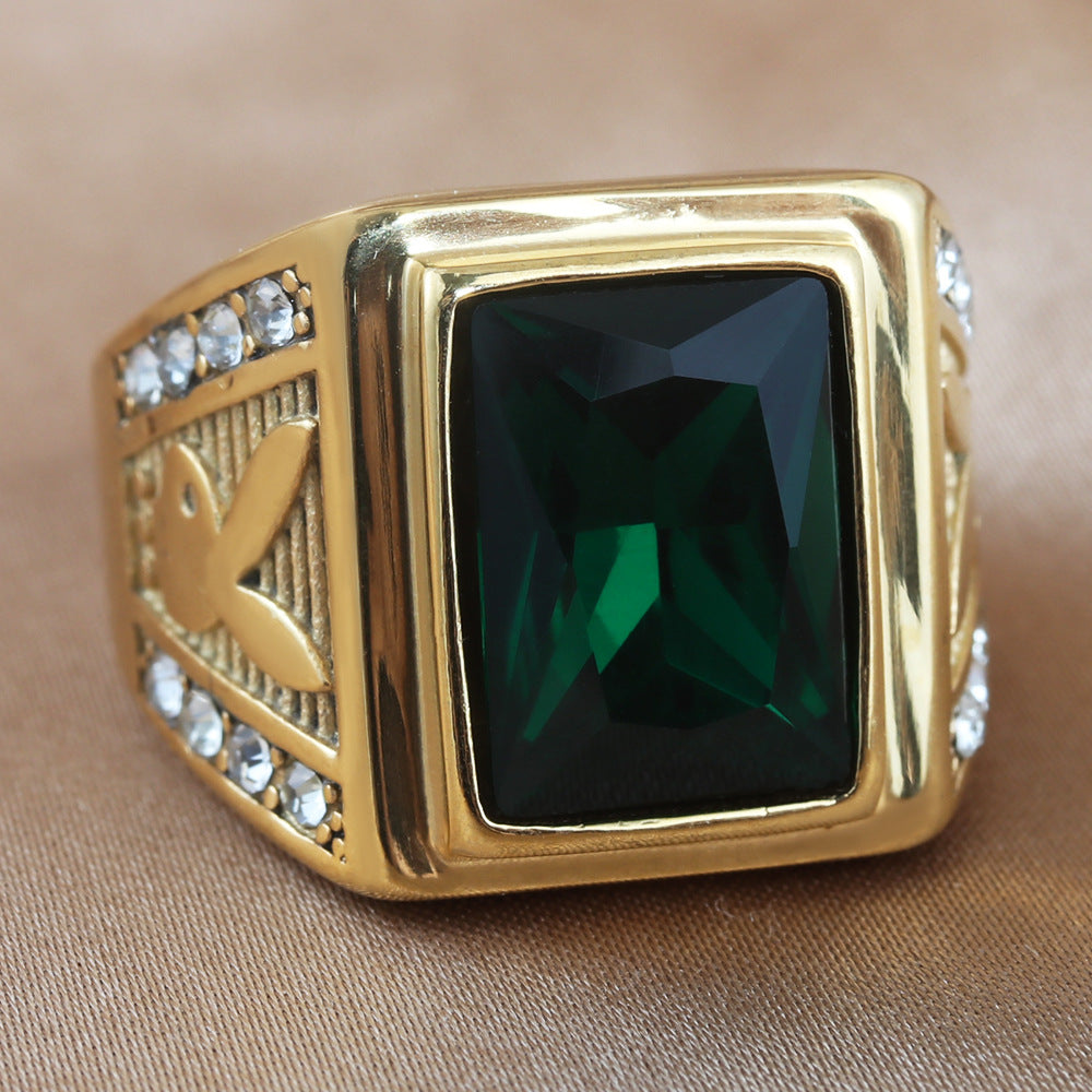 Titanium Steel Retro Square Red Stone Ring for Men - Trendy Accessories in European and American Style