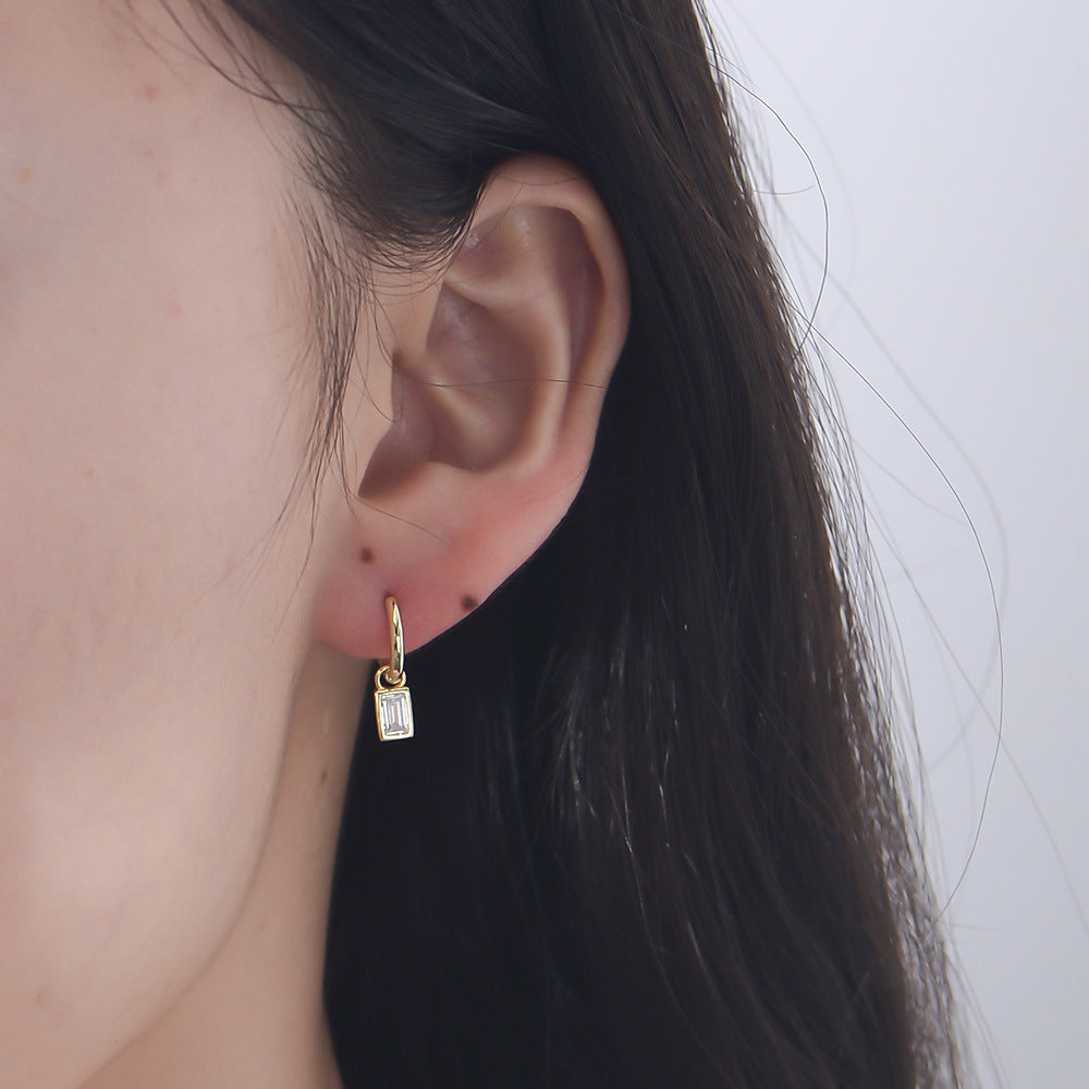 925 Sterling Silver Geometric Square Zircon Earrings, Small Earrings,