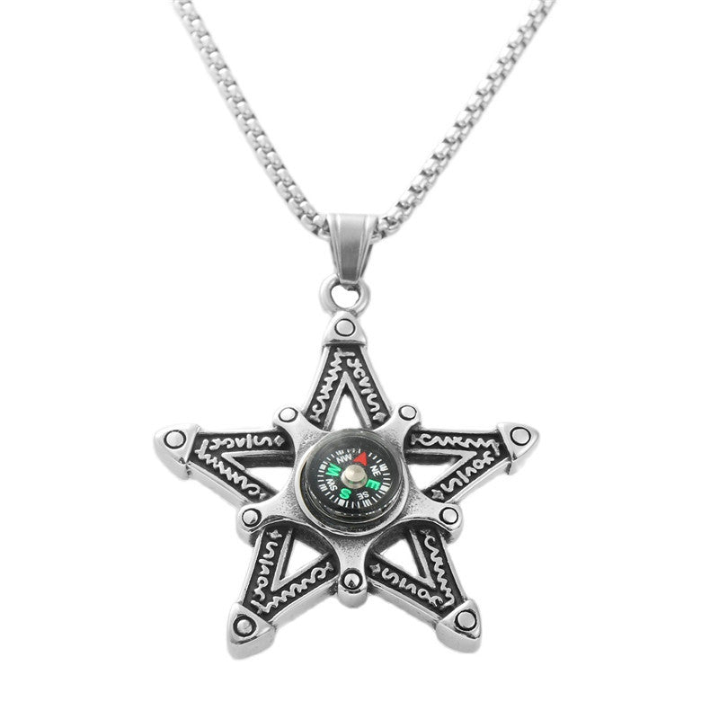Stylish Titanium Steel Hollow Star Pendant Necklace for Men with Retro Compass Design