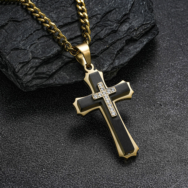 1. Planderful Cross Pendant Necklace in Titanium Steel with Three Layer Zircon for Unisex Elegant Gift