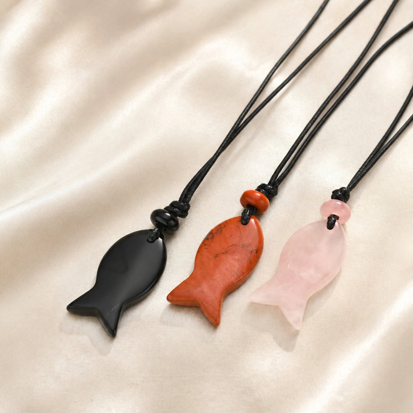 Bohemian Ocean Wind Natural Obsidian Fish Shape Adjustable Necklace Pendant