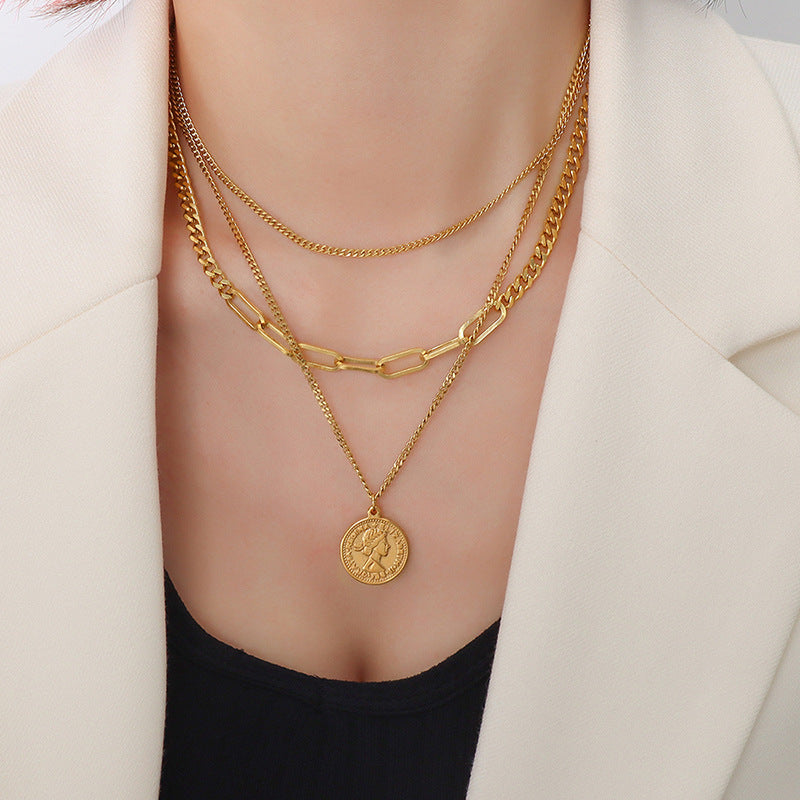 Hip-Hop Style Titanium Steel Collarbone Necklace with Double-Sided Pendant