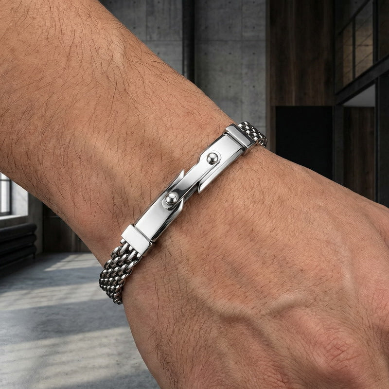 Strap Chain Bracelet – Nail Curved Bar Mesh With Extension Chain Stainless Steel