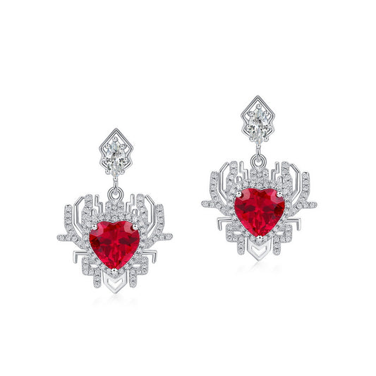 Exaggerated Creative Heart Shape Red Zircon Pendant Sterling Silver Drop Earrings