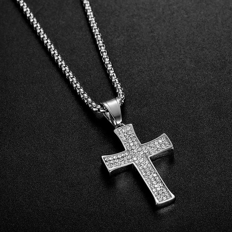 Planderful Everyday Genie Hip Hop Cross Pendant Necklace Titanium Steel Gold Plated Rhinestone For Fans