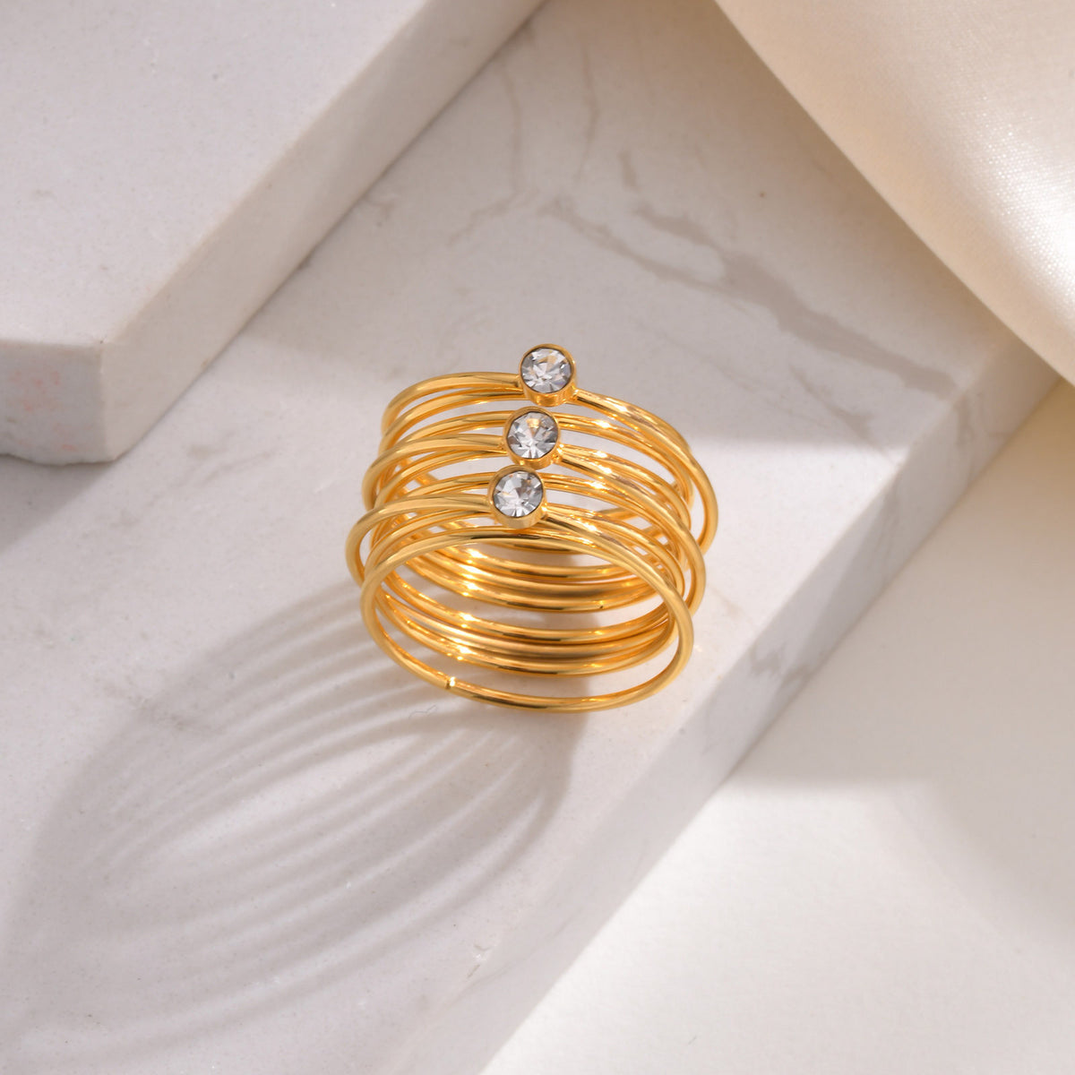 Stainless Steel Multi-Layer Line Round Zircon Ring Women's Gold