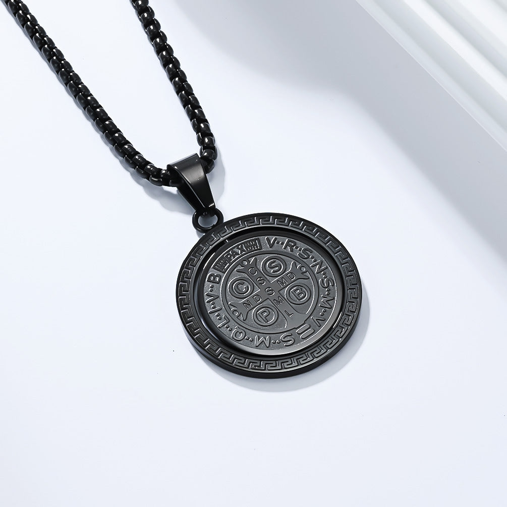 Planderful Saint Benedict Necklace For Men Rotatable Double Sided Stainless Steel Pendant Chain