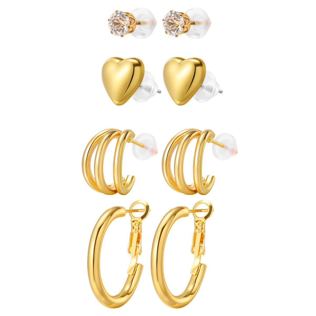 Zircon & Pearl Heart Earring Set — Four Pieces