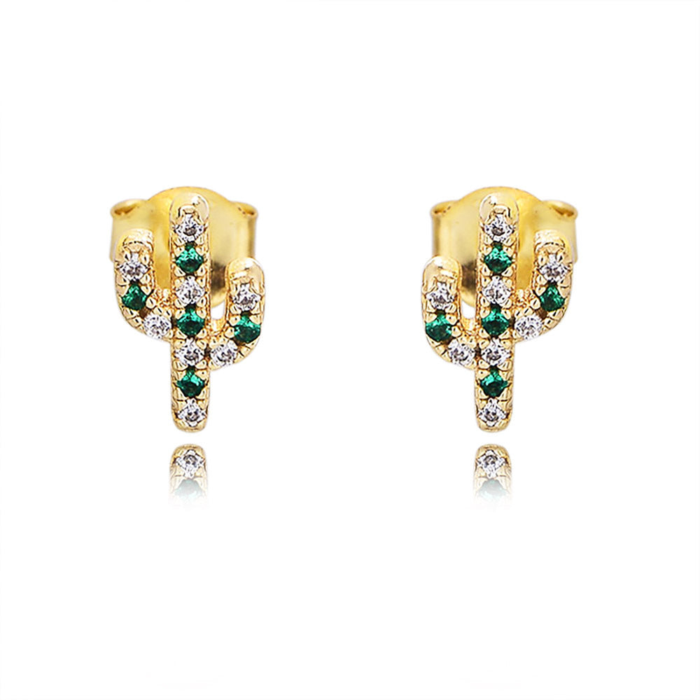S925 Silver Plant Cactus Micro-Inlaid Zircon Small Stud Earrings Japan And Korea Sweet
