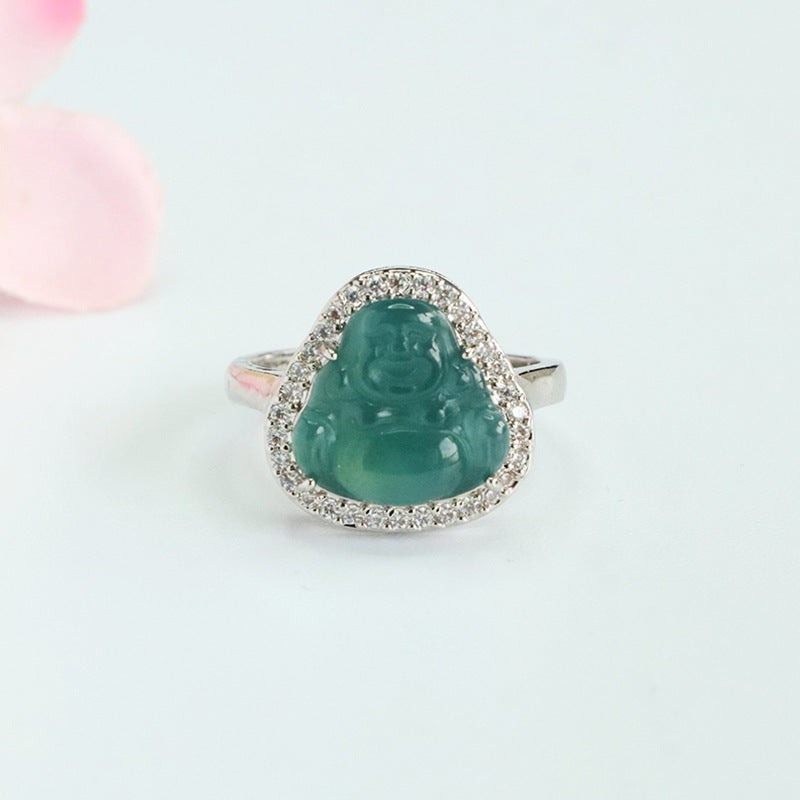 Blue-Water Jadeite Buddha Zircon Ring