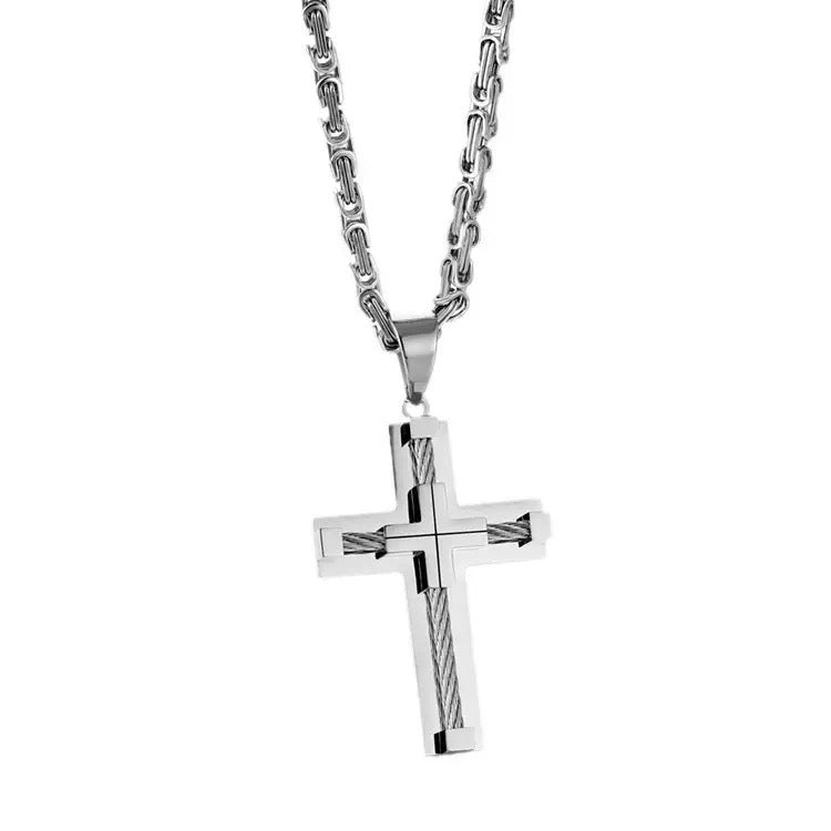 Planderful Mens Stainless Steel Cross Necklace With Wire Rope Chain For Men Everyday Wear Bold Masculine Pendant