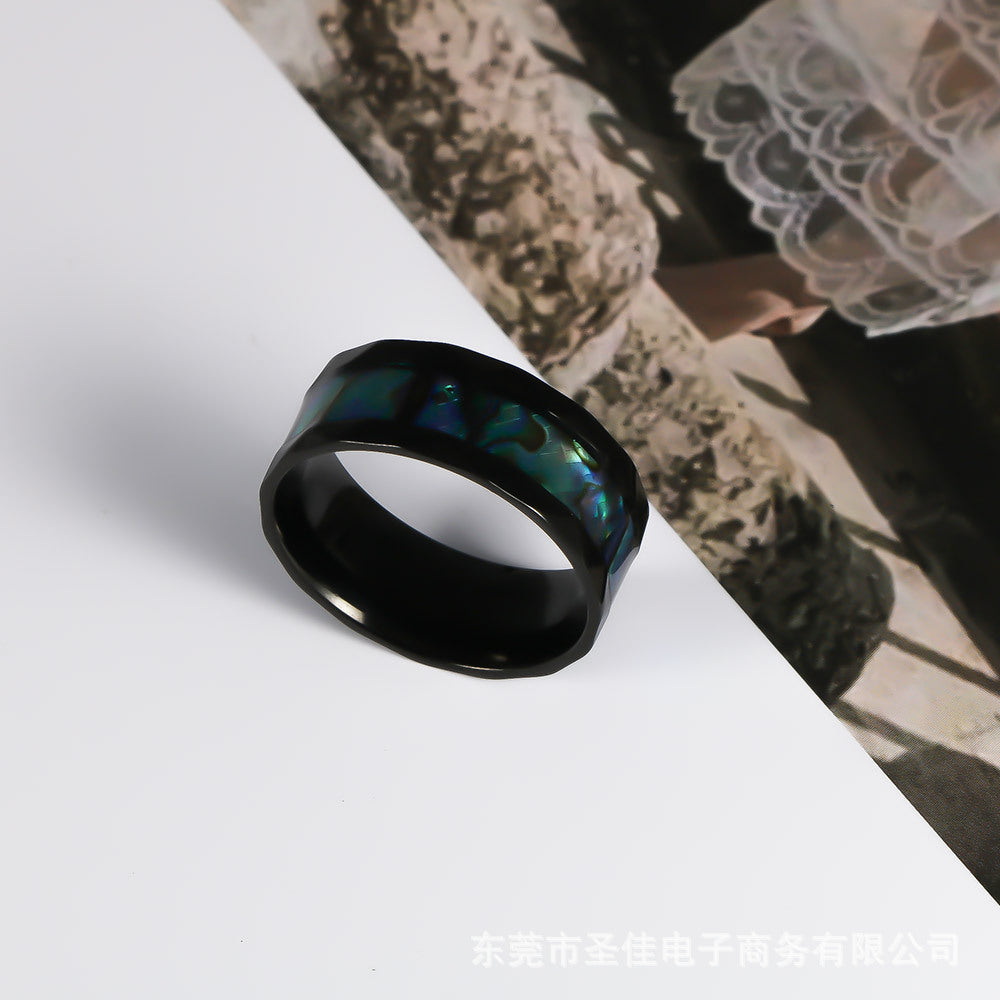 Rhombus Trimmed Black Ring Inlaid + Fish Shell Stainless Steel Ring Men's Titanium Steel