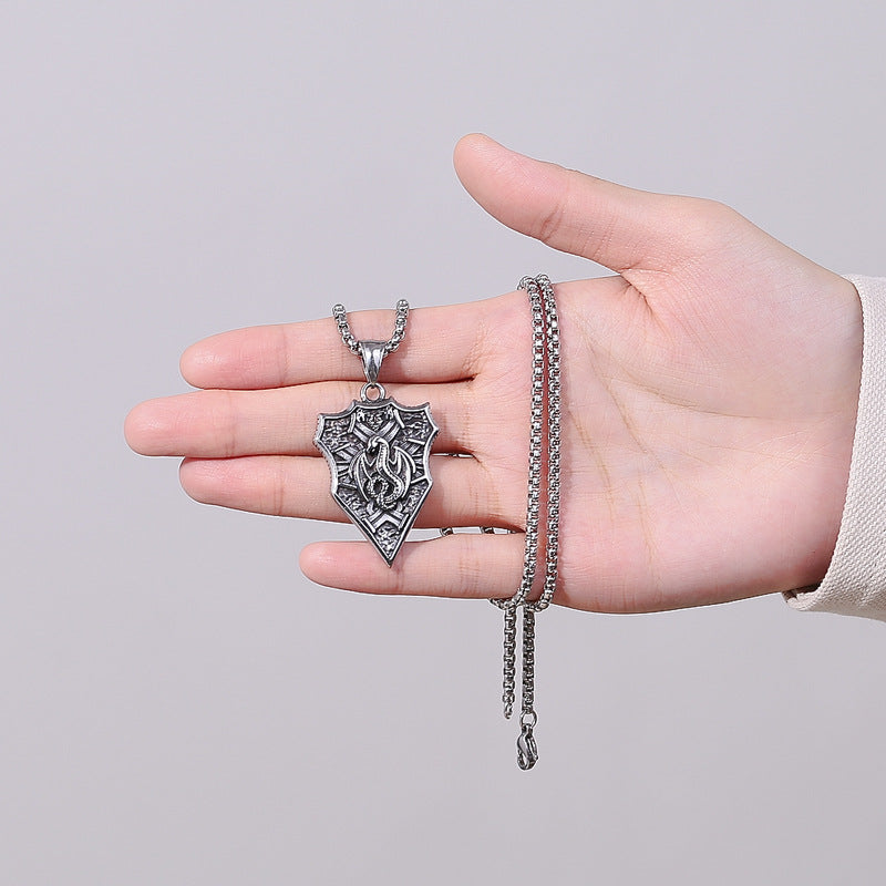 Steel Necklace - Statement Nordic Viking Dragon Shield Design For Hip Hop Fashion And Everyday Wear
