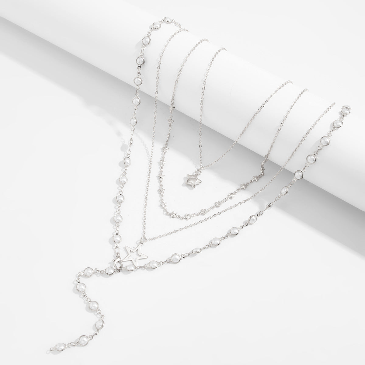 Multi-Layer Tassel Stacked With Y-Shaped Pearl Necklace Hollow Pentagram-Shaped Collarbone