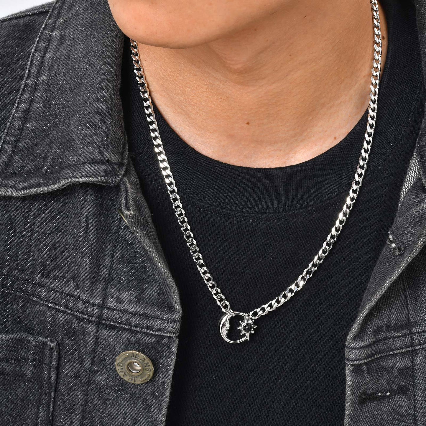 Stainless Steel Six-Sided Grinding Chain Star & Moon Necklace Sun Star Moon Opal