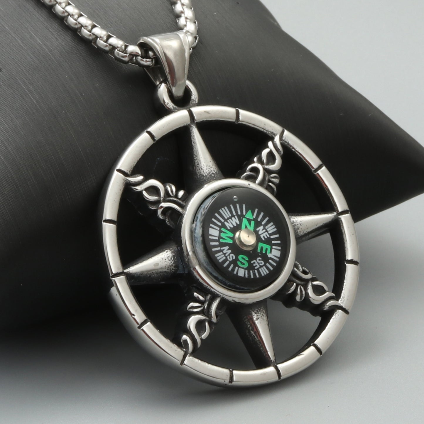 European And American Titanium Steel Compass Pendant Necklace