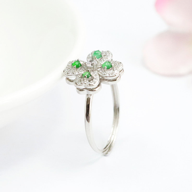 Icy Green Jadeite Clover 925 Silver Ring