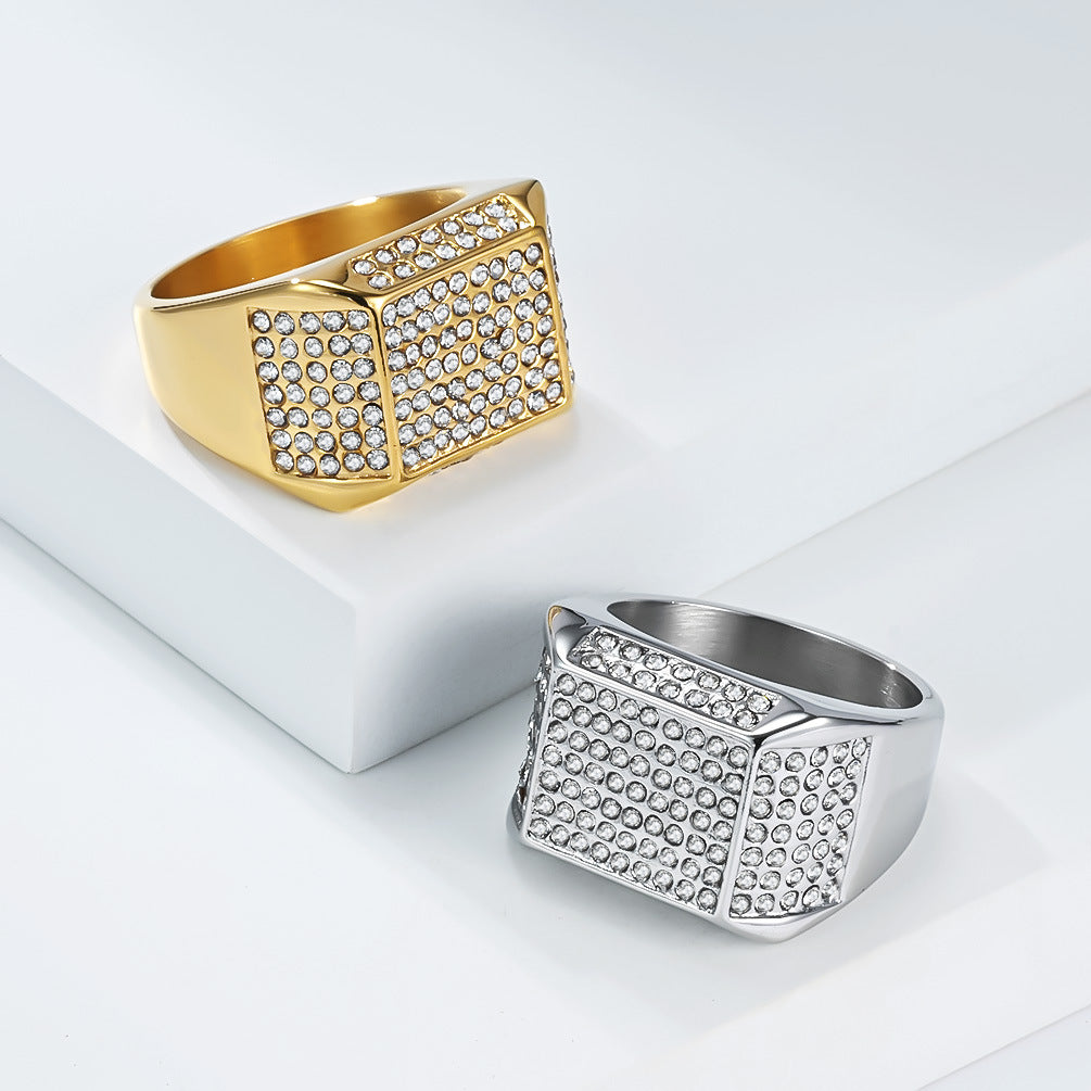 Street Stainless Steel Gold-Plated Zircon Ring Men's